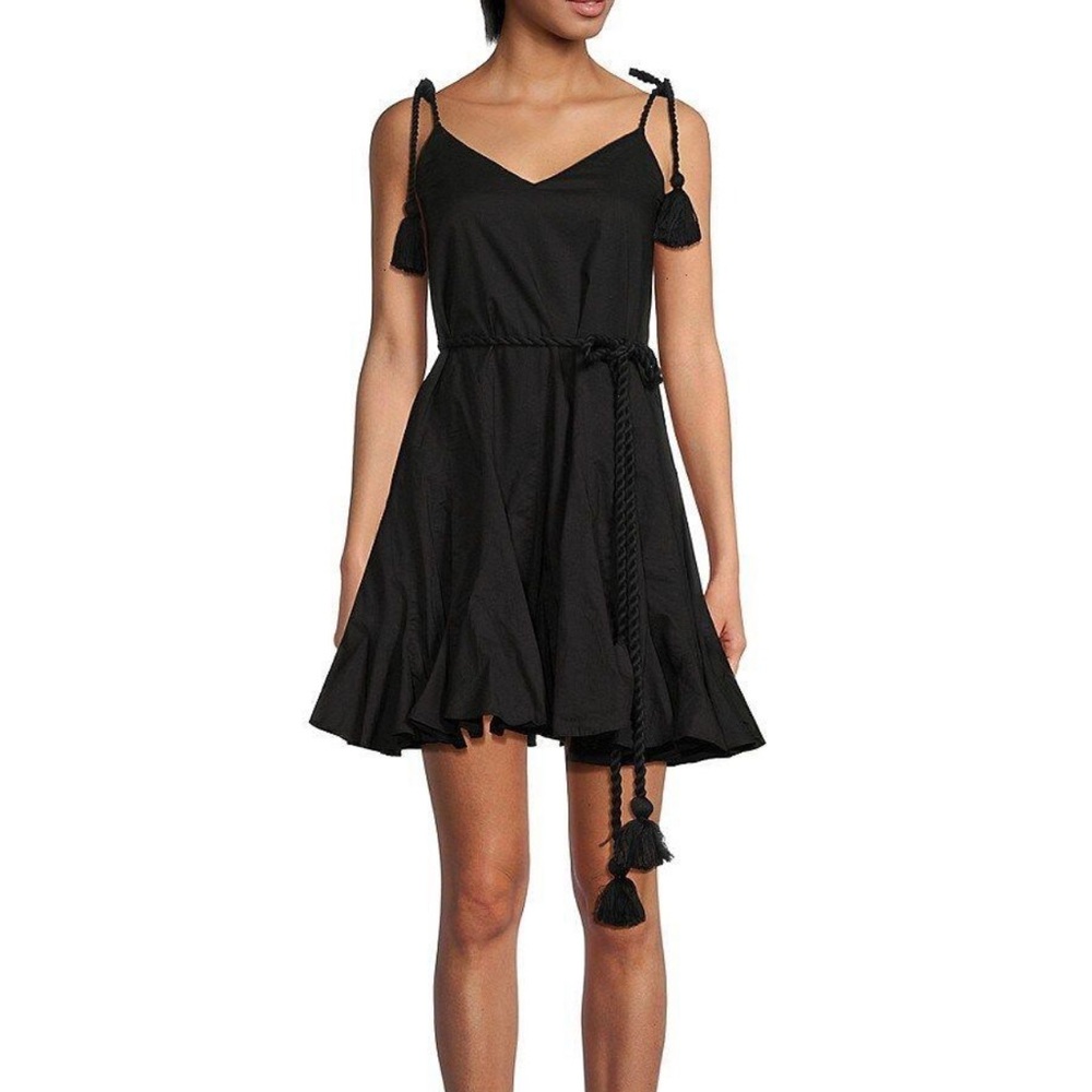 RHODE Casey Black Tassel-Trim Spaghetti Strap Mini Dress